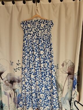 Amazon Blue and White Flo6ral Smocked Strapless Maxi Dress